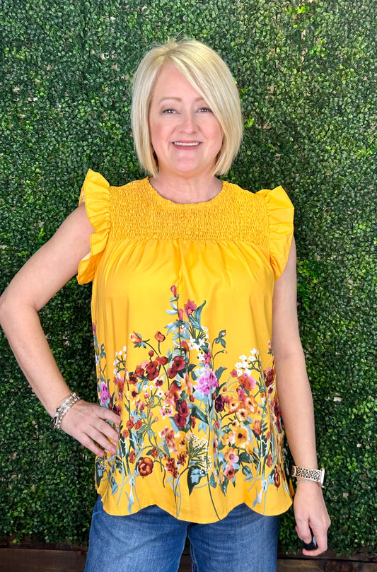 Bright Bouquet top in yellow or blue