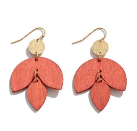 Wood flower earrings in coral